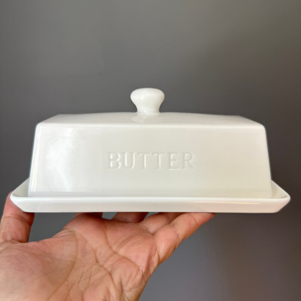 Vintage Ceramic Covered Butter Dish White Embossed BUTTER Lid 1 Stick Farmhouse